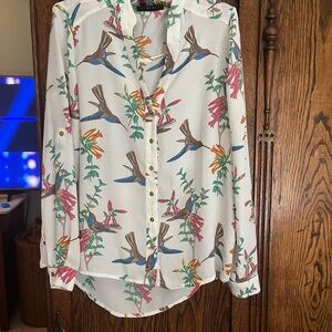Alfani button down multi-color bird print blouse size 2